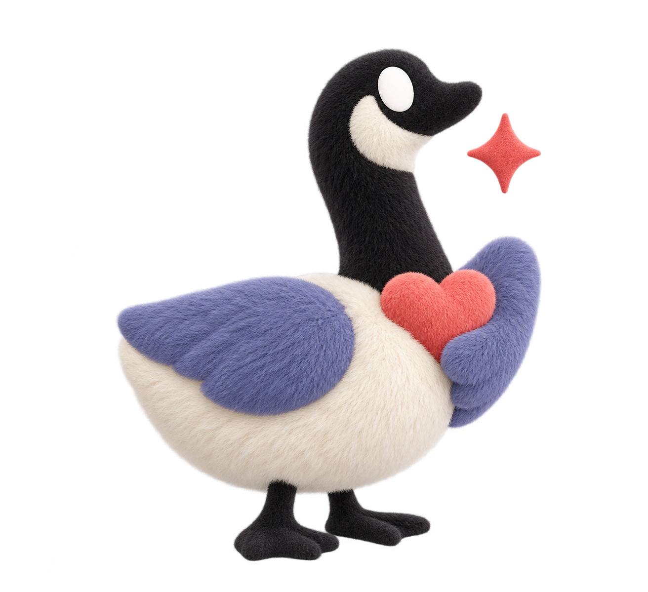 A soft fuzzy AfterHey goose holding a coral heart